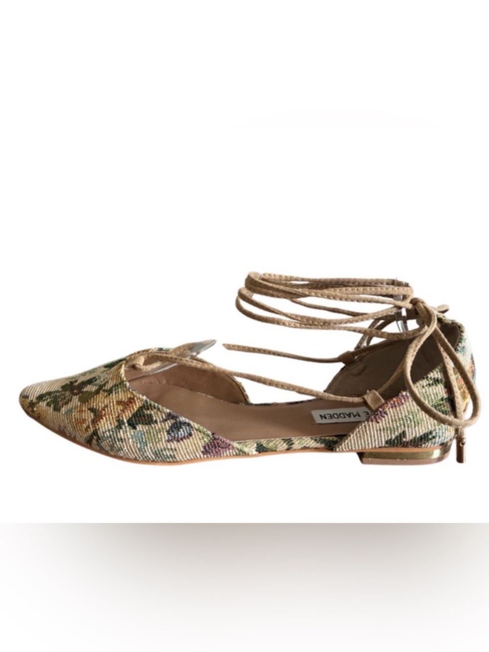 Steve Madden Walkie Flat Sz8.5 Floral Brocade Lace Up Point Toe Shoes Ankle Wrap - Picture 5 of 14